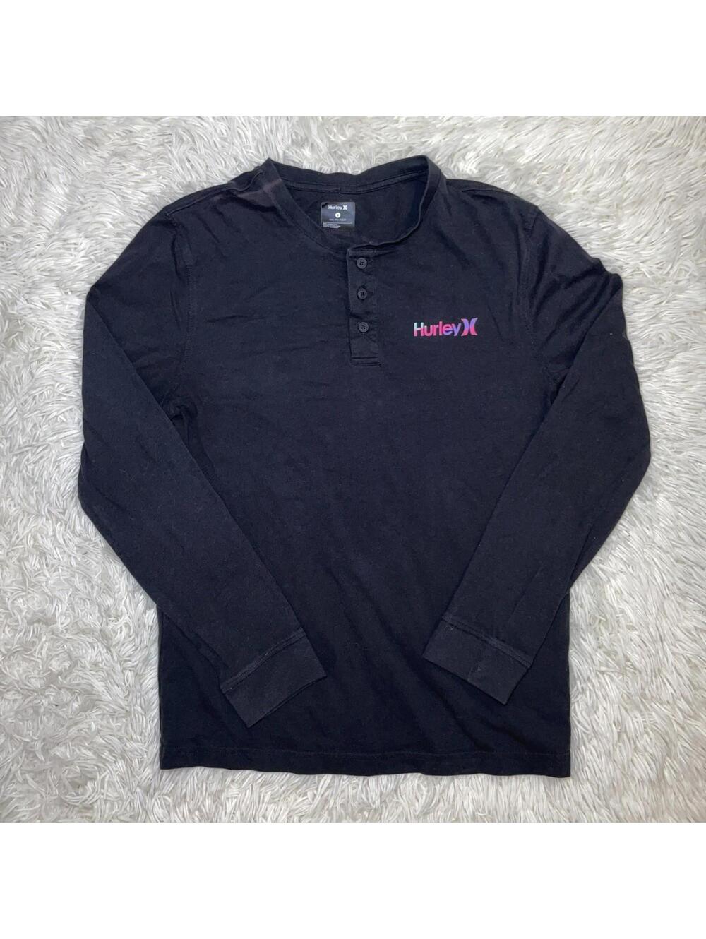 Hurley Long Sleeve Henley  Shirt Women Black Graphic Print Logo S